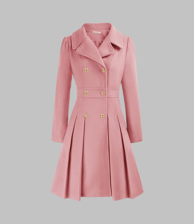 Women's Pleated A Line Coat, Double Breasted Long Sleeve