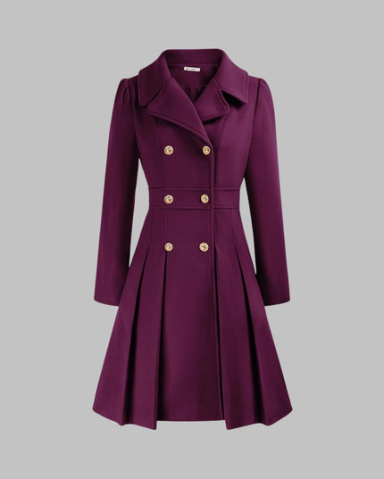Women's Pleated A Line Coat, Double Breasted Long Sleeve