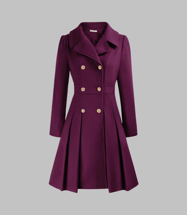 Women's Pleated A Line Coat, Double Breasted Long Sleeve