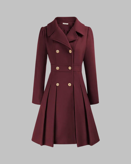 Women's Pleated A Line Coat, Double Breasted Long Sleeve