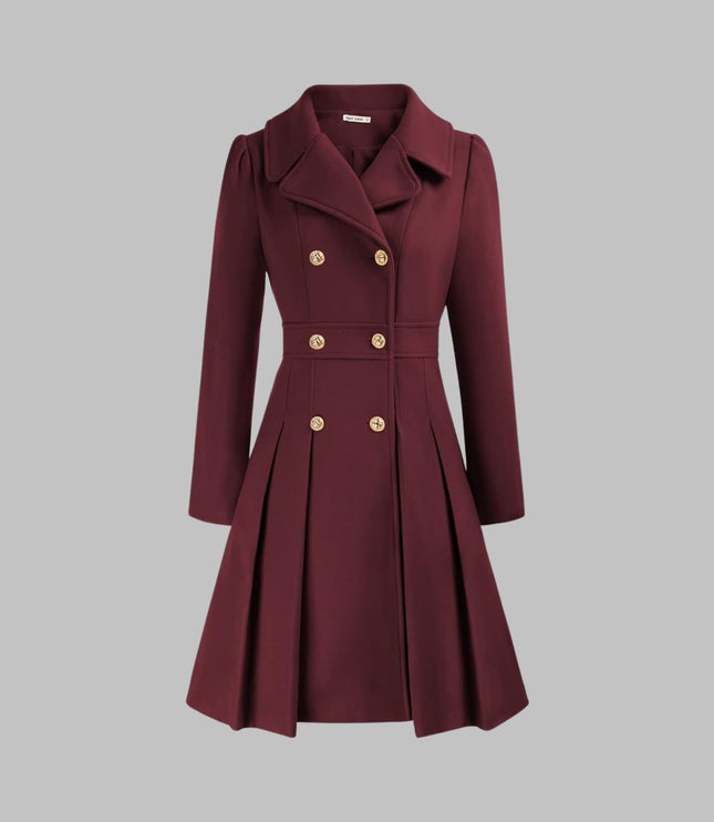 Women's Pleated A Line Coat, Double Breasted Long Sleeve