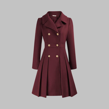 Women's Pleated A Line Coat, Double Breasted Long Sleeve