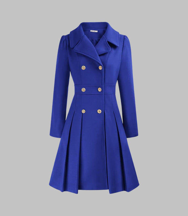 Women's Pleated A Line Coat, Double Breasted Long Sleeve