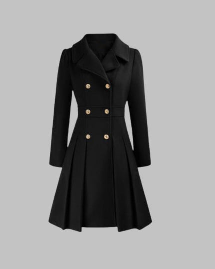 Women's Pleated A Line Coat, Double Breasted Long Sleeve