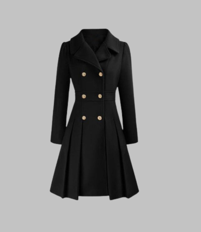 Women's Pleated A Line Coat, Double Breasted Long Sleeve