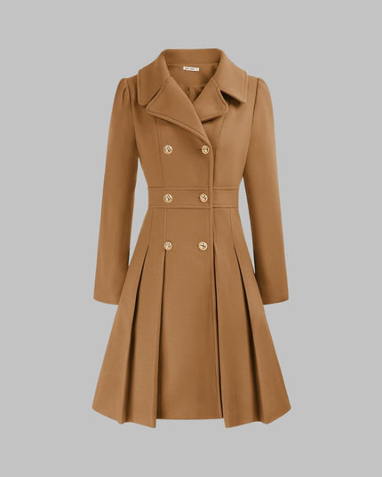 Women's Pleated A Line Coat, Double Breasted Long Sleeve