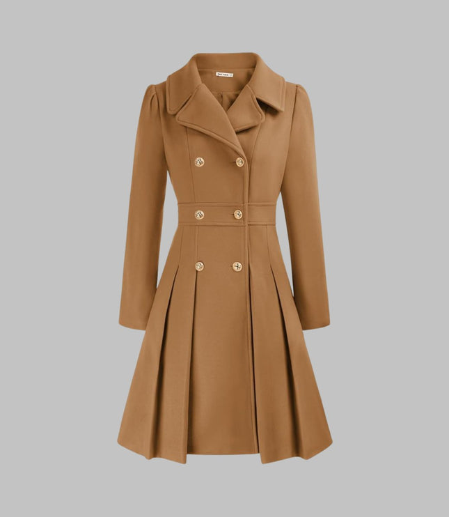 Women's Pleated A Line Coat, Double Breasted Long Sleeve