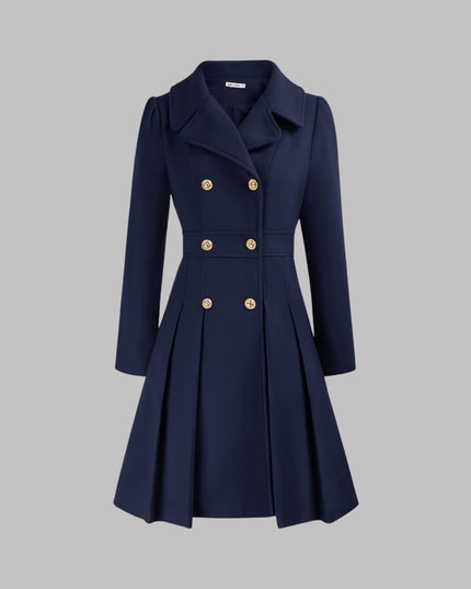 Women's Pleated A Line Coat, Double Breasted Long Sleeve