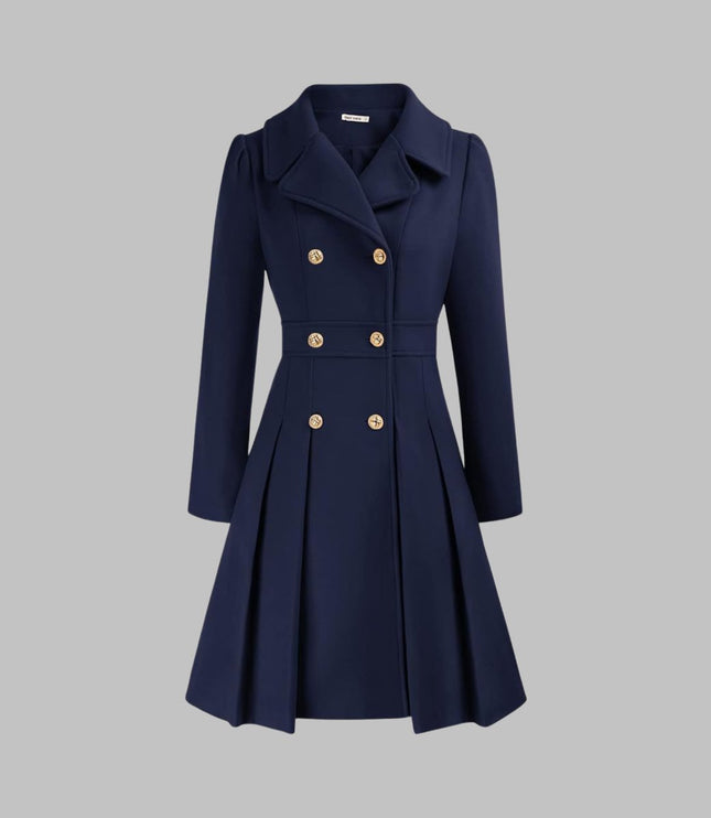 Women's Pleated A Line Coat, Double Breasted Long Sleeve