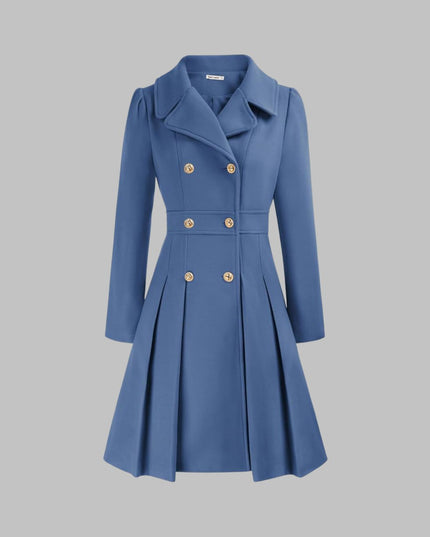 Women's Pleated A Line Coat, Double Breasted Long Sleeve