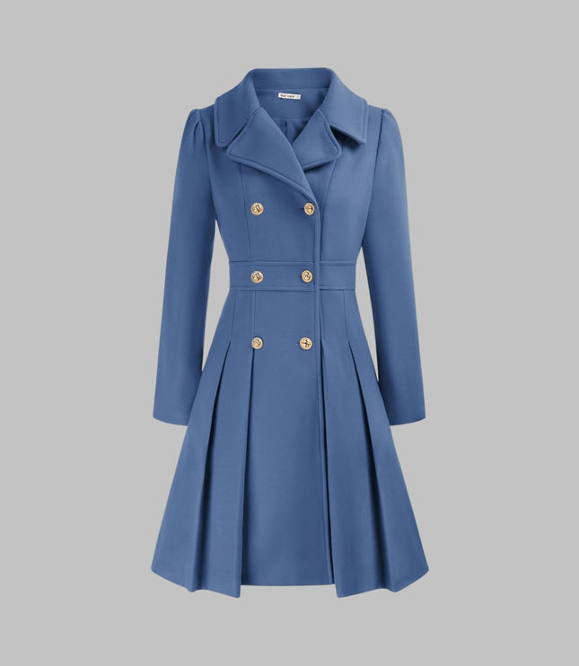 Women's Pleated A Line Coat, Double Breasted Long Sleeve