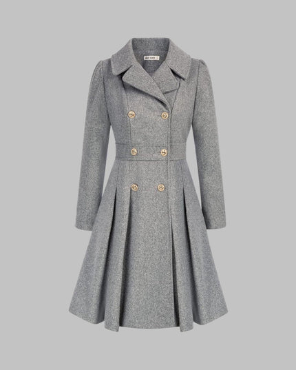 Women's Pleated A Line Coat, Double Breasted Long Sleeve