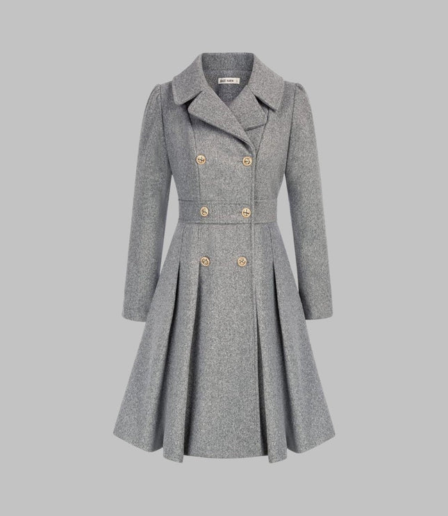 Women's Pleated A Line Coat, Double Breasted Long Sleeve