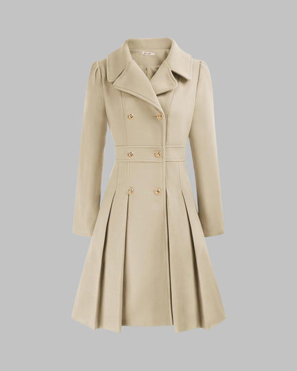 Women's Pleated A Line Coat, Double Breasted Long Sleeve