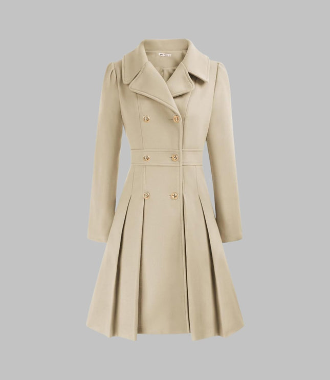 Women's Pleated A Line Coat, Double Breasted Long Sleeve