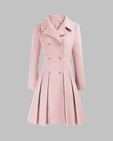 Women's Pleated A Line Coat, Double Breasted Long Sleeve