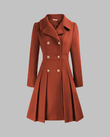 Women's Pleated A Line Coat, Double Breasted Long Sleeve