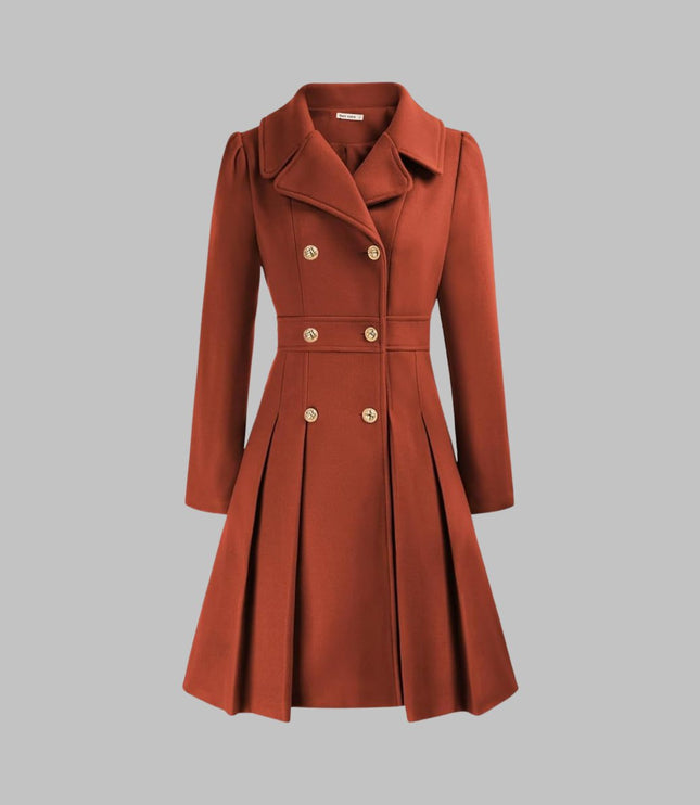 Women's Pleated A Line Coat, Double Breasted Long Sleeve