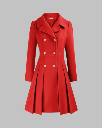 Women's Pleated A Line Coat, Double Breasted Long Sleeve