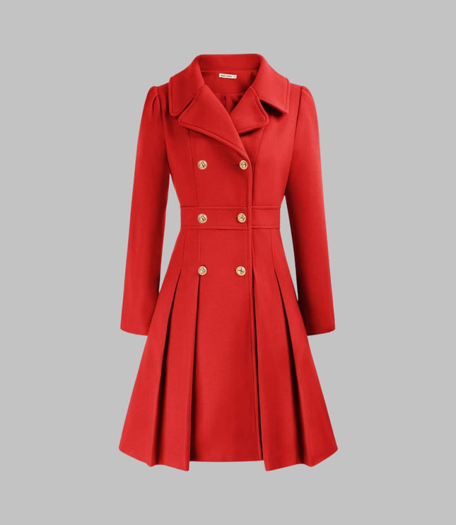 Women's Pleated A Line Coat, Double Breasted Long Sleeve