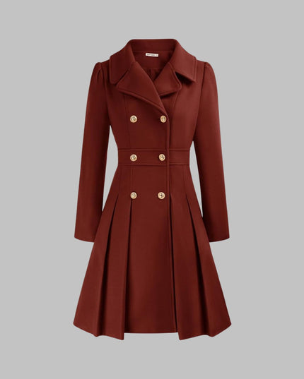 Women's Pleated A Line Coat, Double Breasted Long Sleeve