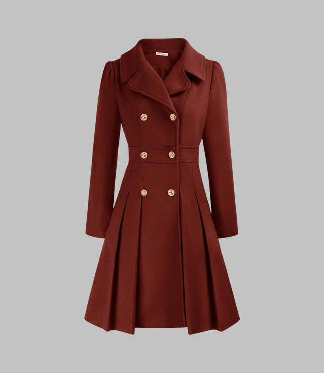 Women's Pleated A Line Coat, Double Breasted Long Sleeve
