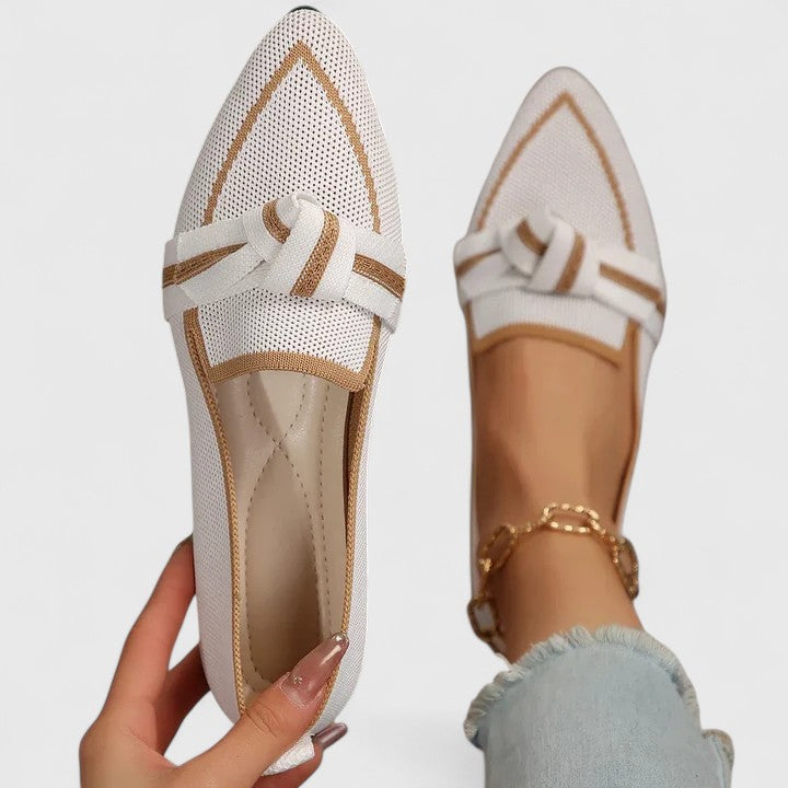 Cream mesh pointed toe loafer with tan bow knot and quilted cream insole