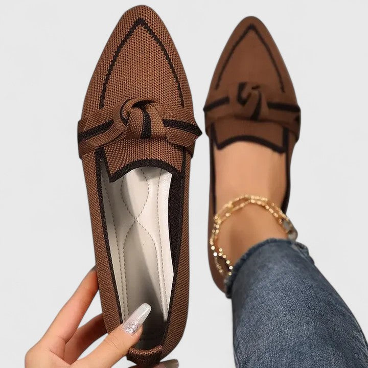 Brown mesh pointed toe slip-on loafer with darker brown bow knot accent