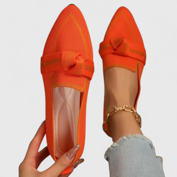 Bright orange mesh pointed toe loafer with matching bow knot and quilted insole