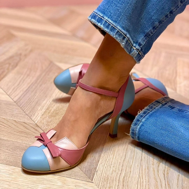 Women's multicolor block toe stiletto heels with pink, blue, and white color blocking and ankle strap
