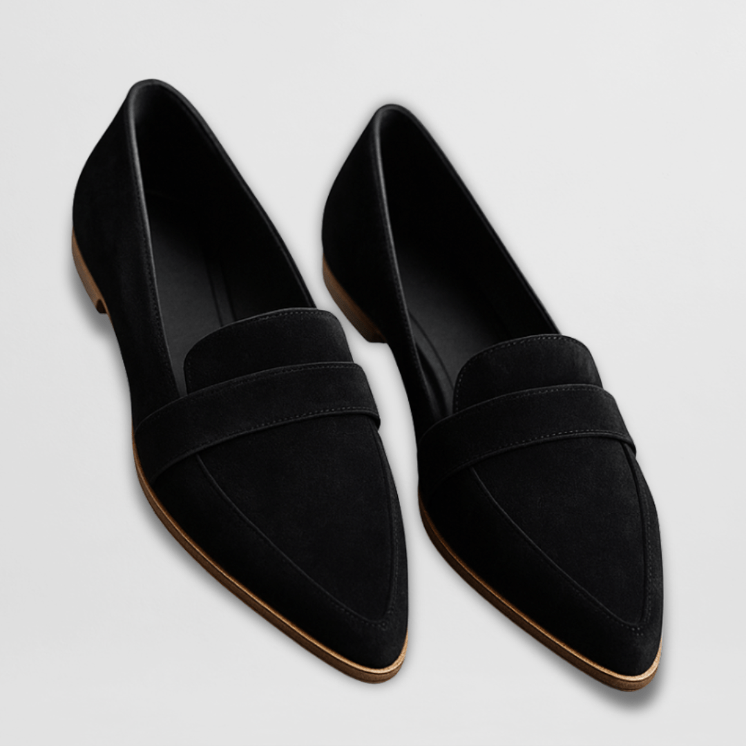 Black suede pointed loafer flats with band detail overhead view