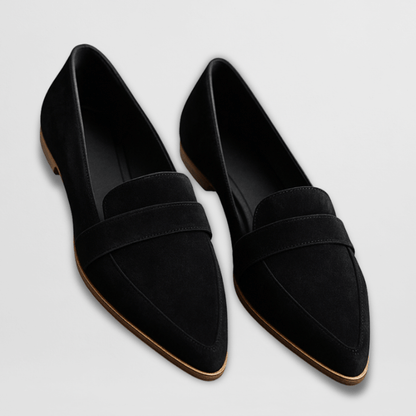 Black suede pointed loafer flats with band detail overhead view