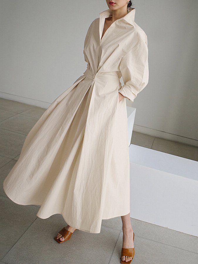 Cream wrap midi dress with voluminous puffed sleeves and defined waist