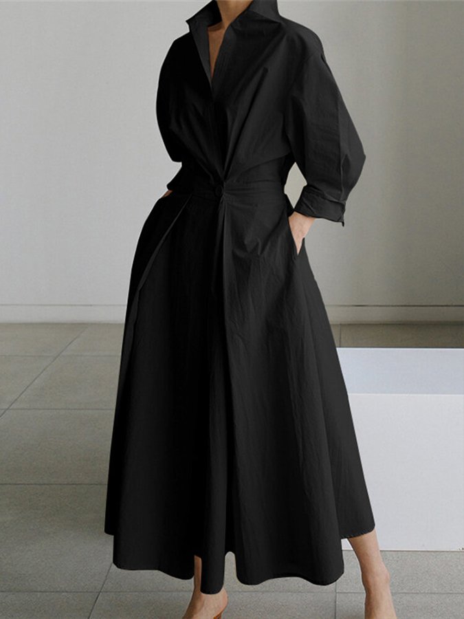 Black wrap v-neck midi dress with oversized puffed sleeves, front view