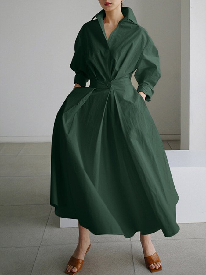 Forest green wrap v-neck midi dress with puffy sleeves, front angle