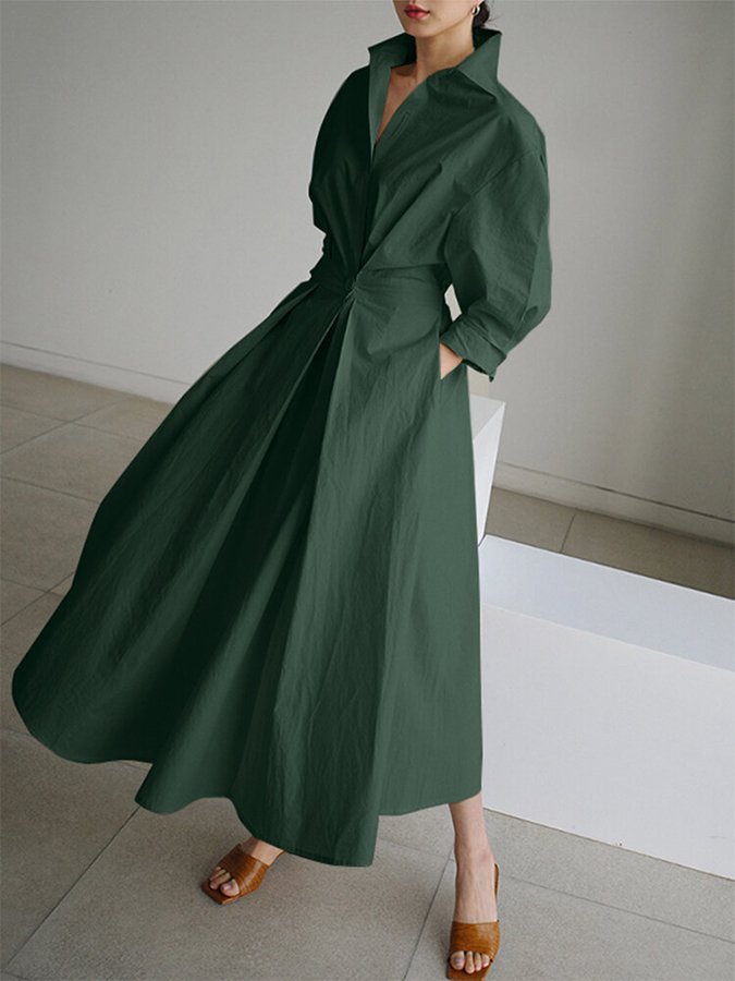 Dark green wrap midi dress with voluminous puffed sleeves and full skirt