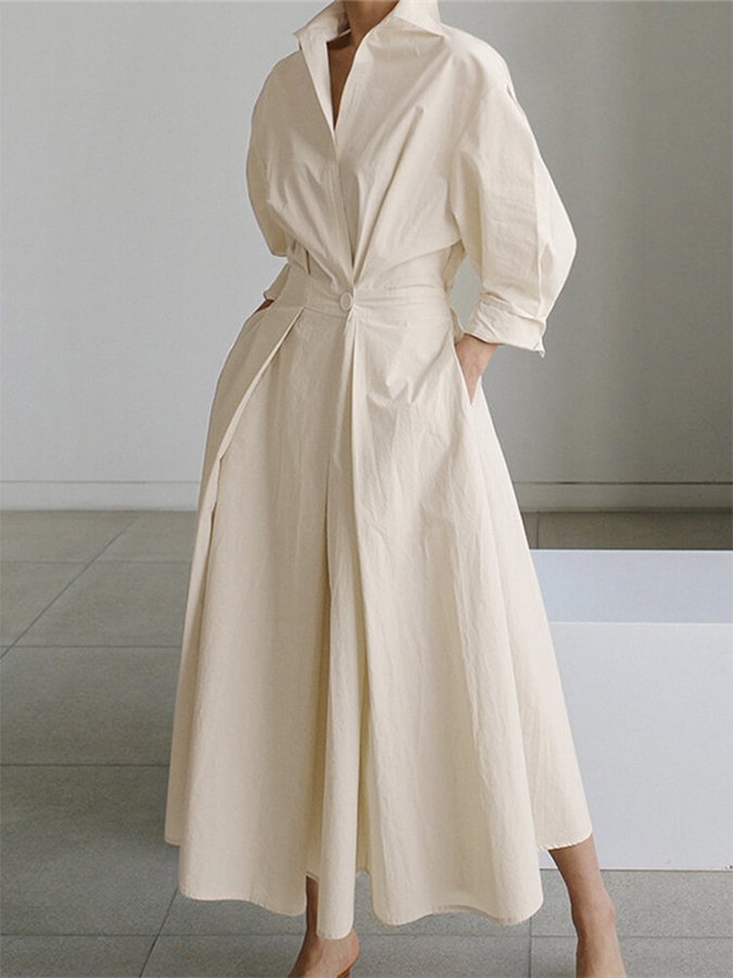 Cream wrap v-neck midi dress with puffed sleeves, full length side view