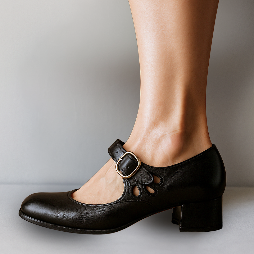 Side view of black Mary Jane block heel shoe with metal buckle