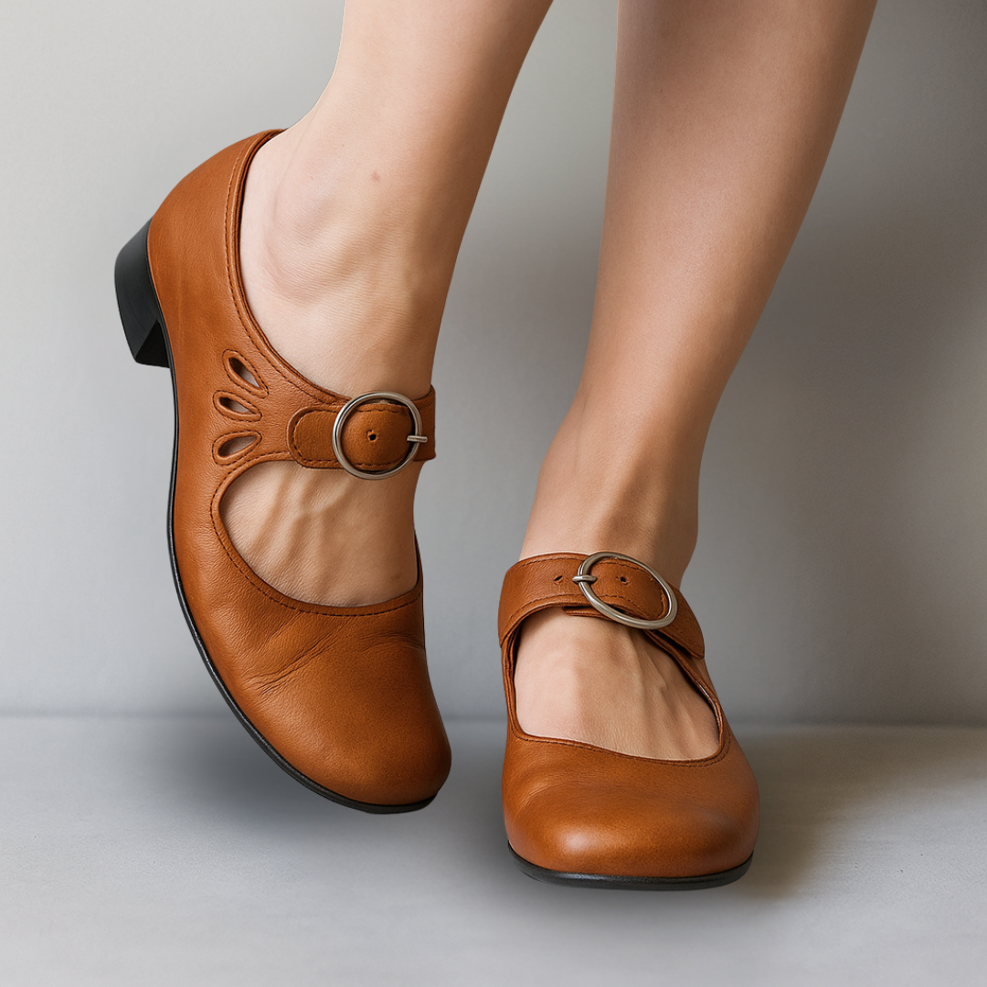 Tan brown leather Mary Jane shoes with block heel and buckle
