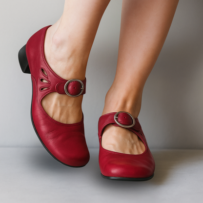 Burgundy red Mary Jane block heel shoes with decorative buckle
