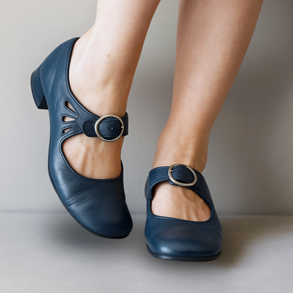 Navy blue leather Mary Jane shoes with block heel and buckle strap