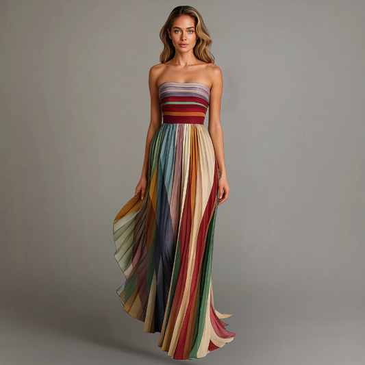 Strapless rainbow striped pleated maxi dress with multicolor horizontal stripes and flowing skirt