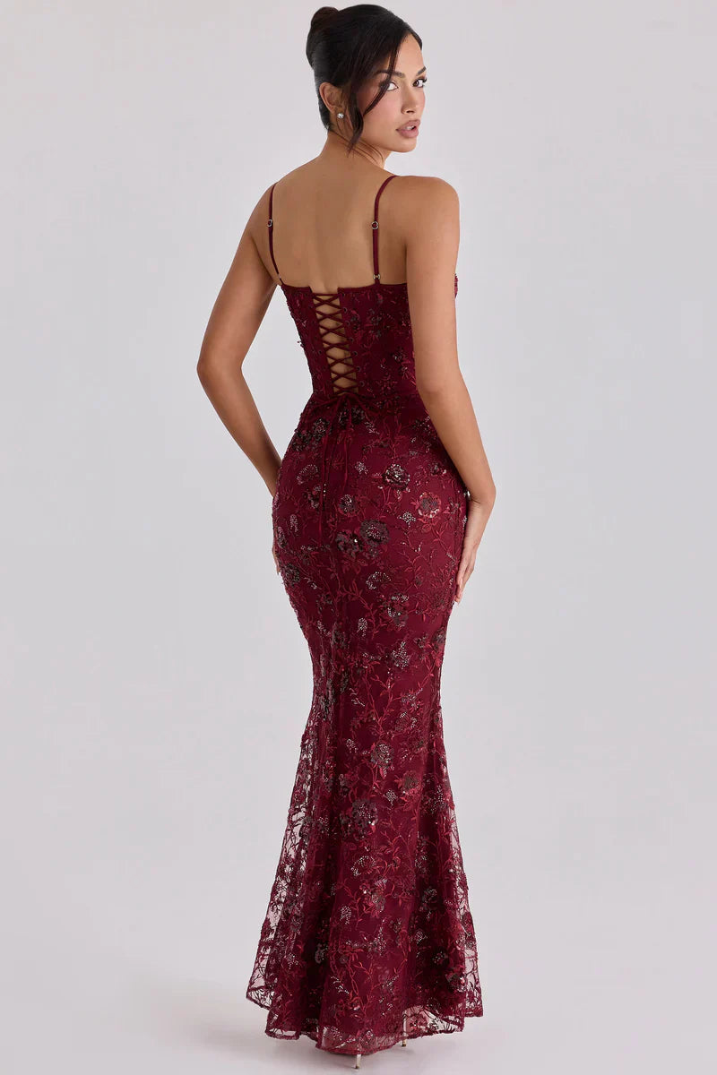 Women's Red Beaded Corset Maxi Dress Formal Evening Gown