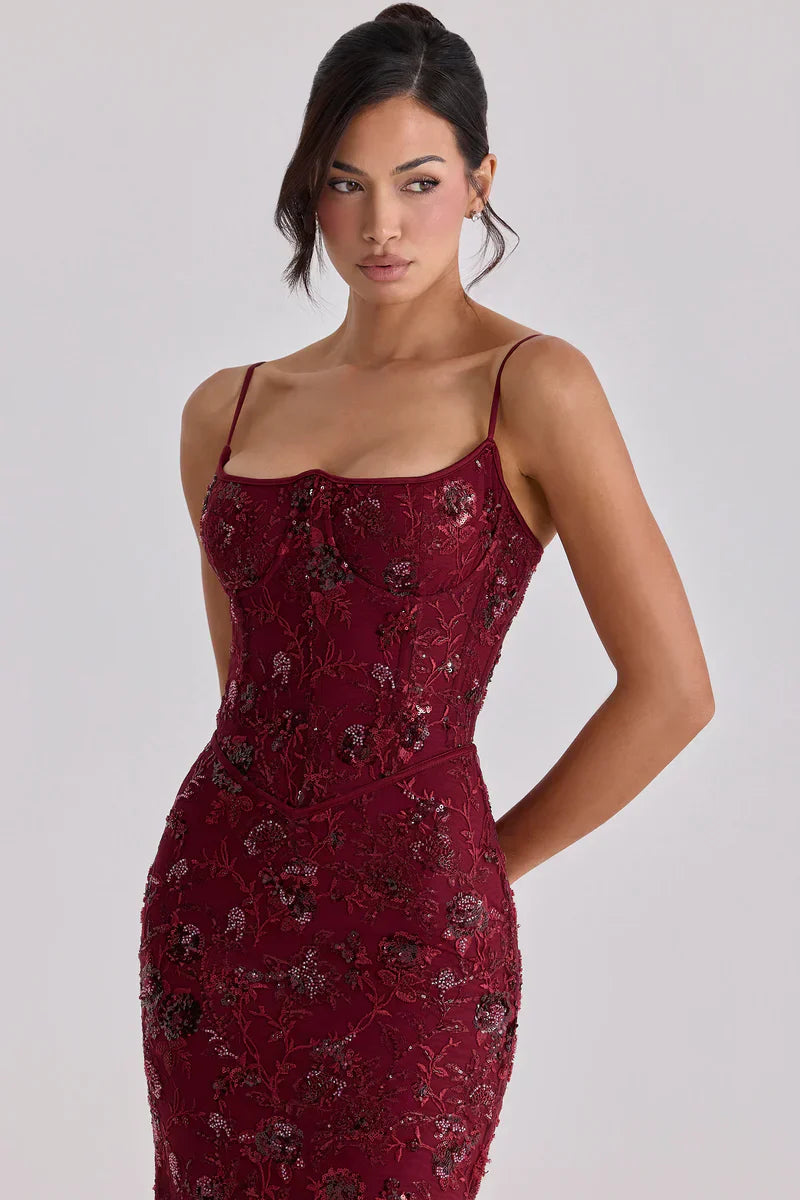 Women's Red Beaded Corset Maxi Dress Formal Evening Gown