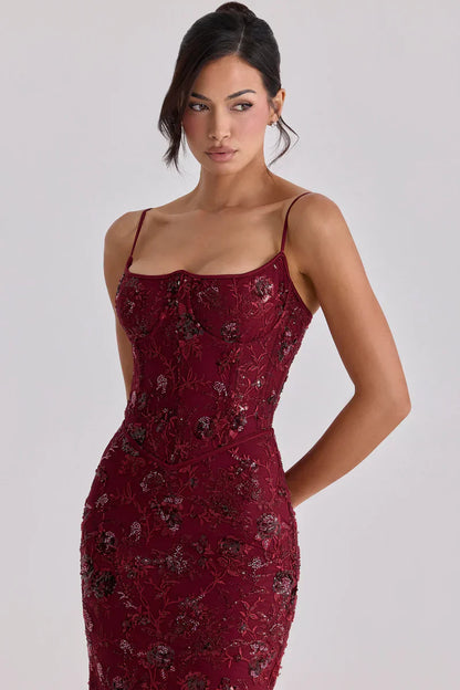 Women's Red Beaded Corset Maxi Dress Formal Evening Gown