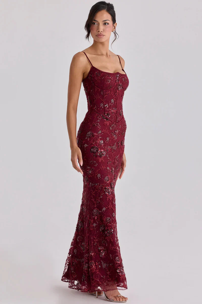 Women's Red Beaded Corset Maxi Dress Formal Evening Gown