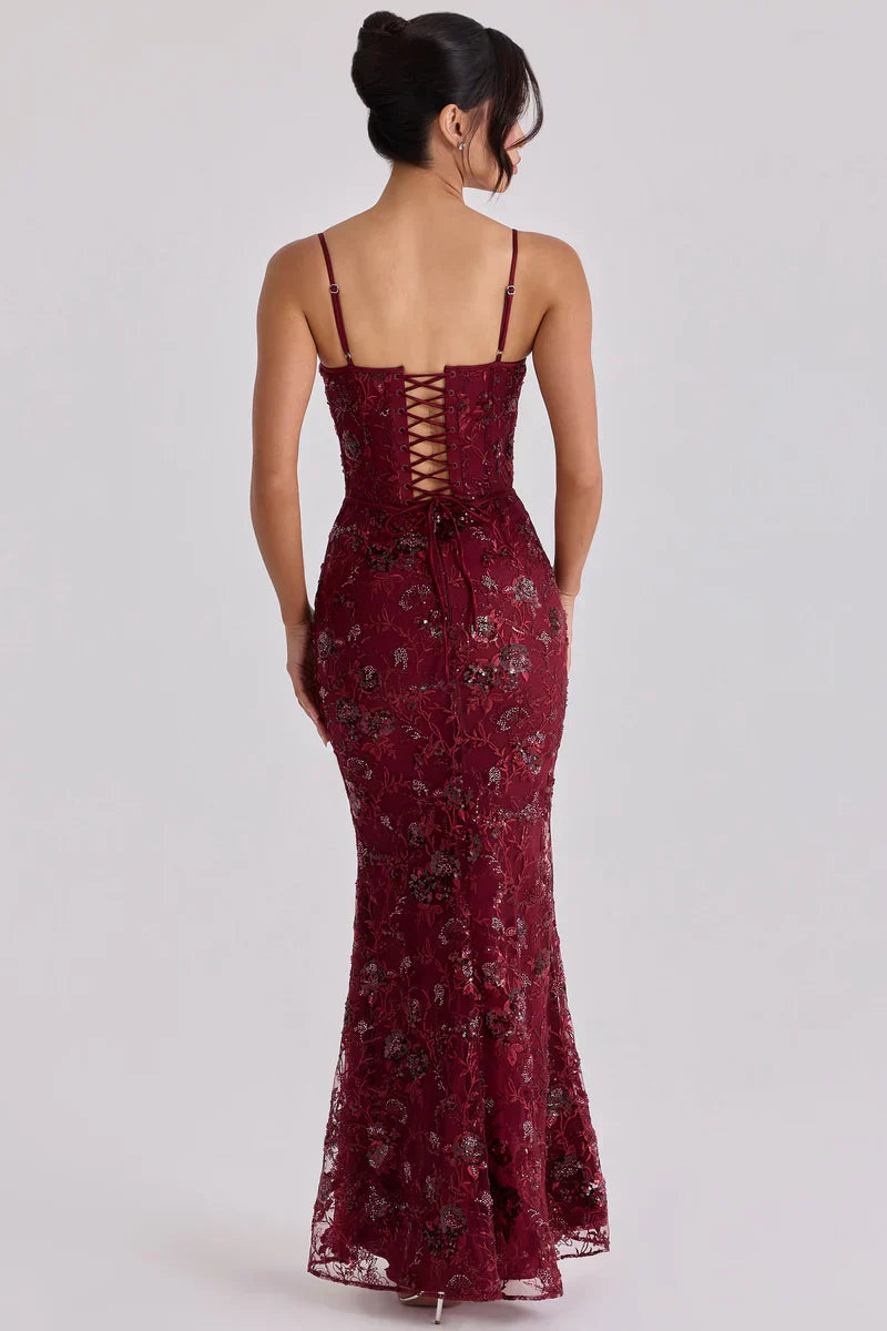 Women's Red Beaded Corset Maxi Dress Formal Evening Gown