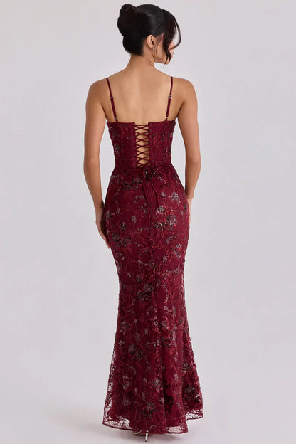 Women's Red Beaded Corset Maxi Dress Formal Evening Gown