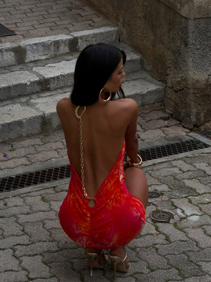 Women's Red Printed Halter Mini Wedding Guest Dress