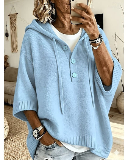 Women's Relaxed Fit Hooded Knit Sweater with Drawstring